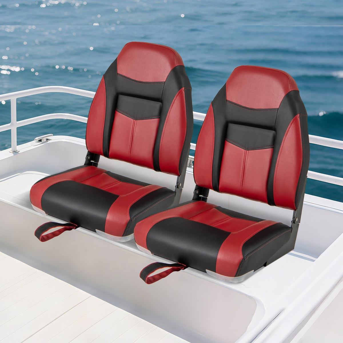 2 Pieces High Back Folding Boat Seat Set with Sponge Cushion-Red view 2