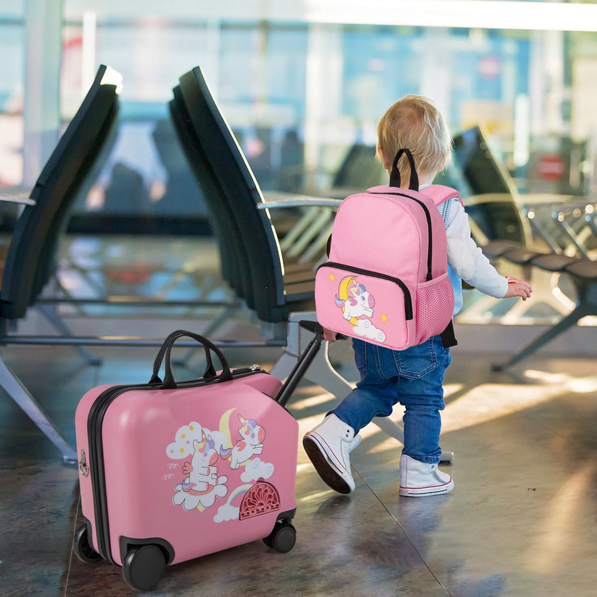 2 Pieces Kid Luggage Set with Spinner Wheels and Aluminum Handle-Pink view 2