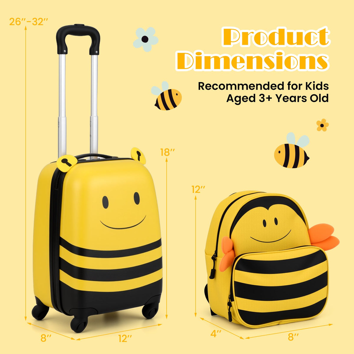 2 Pieces Kids Luggage Set on Wheels with Anti-Lose Rope and Retractable Rod-Yellow view 4