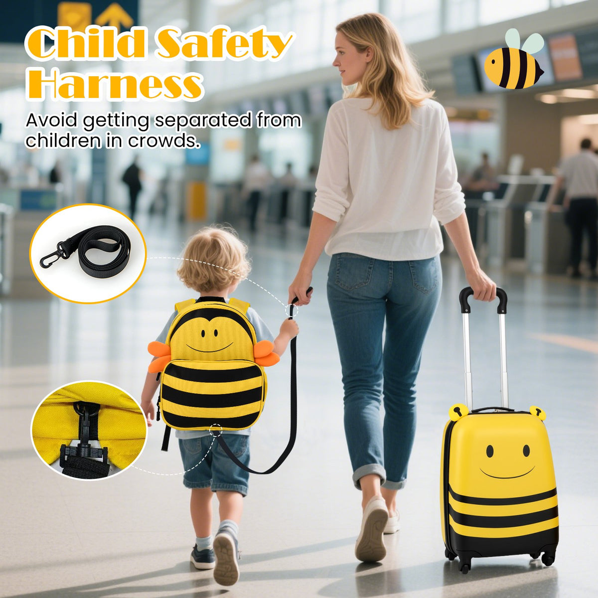 2 Pieces Kids Luggage Set on Wheels with Anti-Lose Rope and Retractable Rod-Yellow view 5