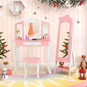 2 Pieces Kids Vanity Set and Jewelry Armoire Cabinet with Full-length Mirror-Pink view 2