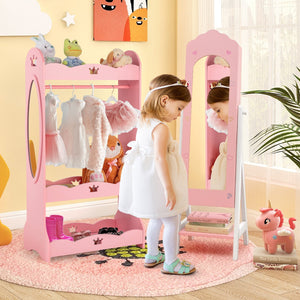 2 Pieces Kids Vanity Set and Jewelry Armoire Cabinet with Full-length Mirror-Pink view 3