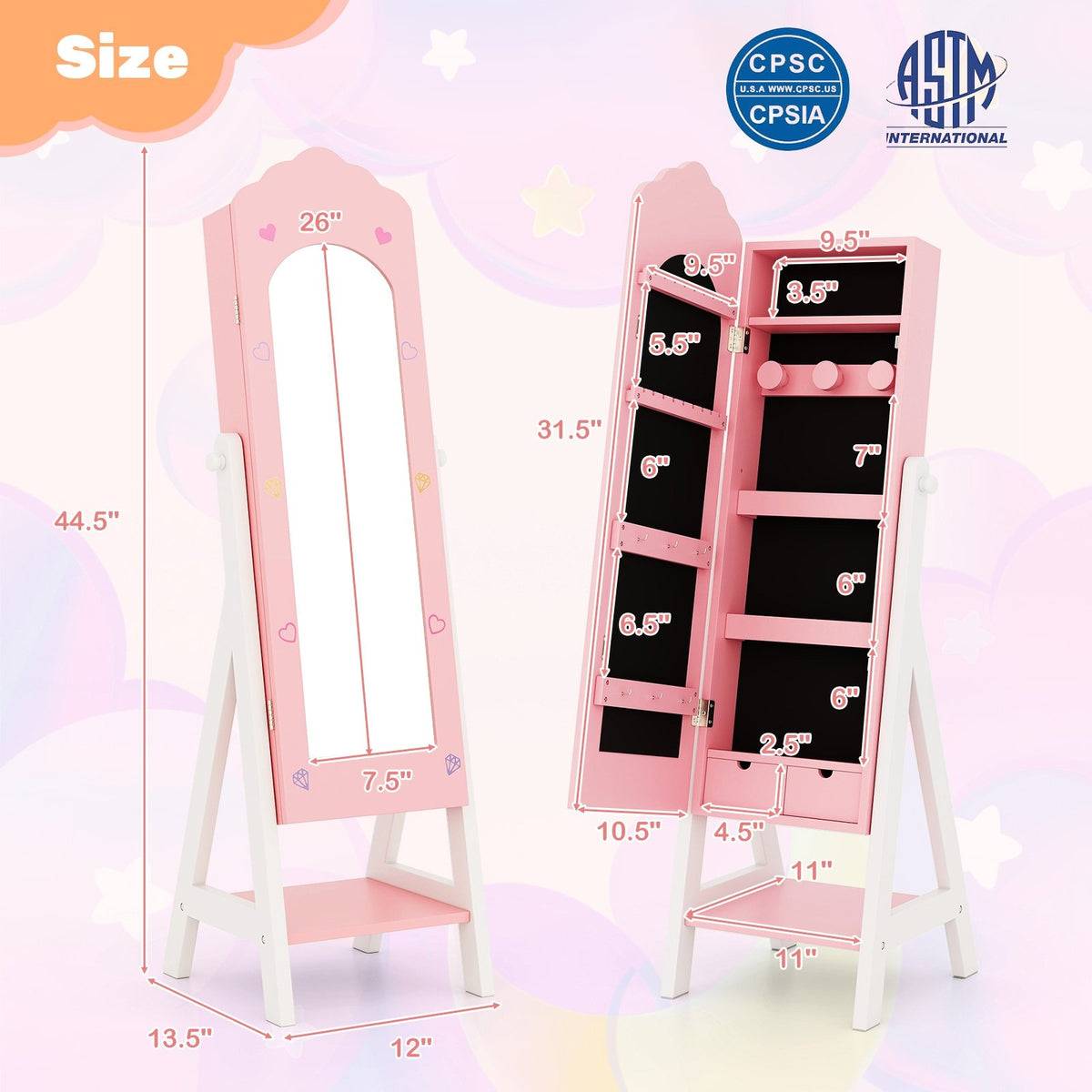2 Pieces Kids Vanity Set and Jewelry Armoire Cabinet with Full-length Mirror-Pink view 4