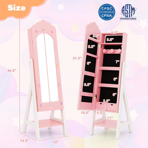 2 Pieces Kids Vanity Set and Jewelry Armoire Cabinet with Full-length Mirror-Pink view 4
