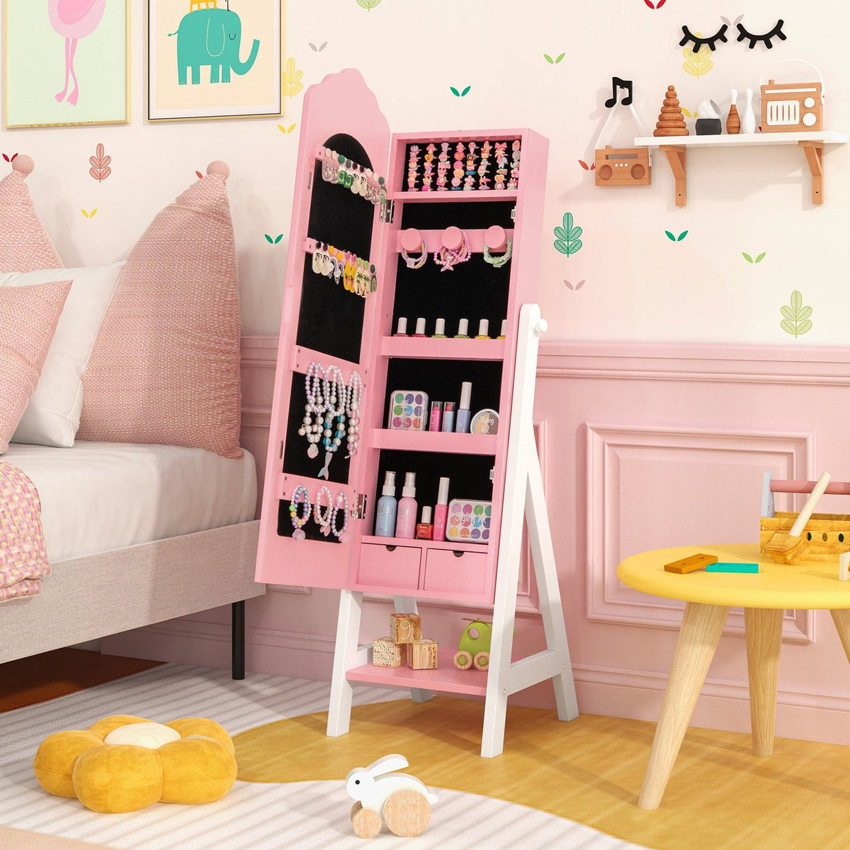 2 Pieces Kids Vanity Set and Jewelry Armoire Cabinet with Full-length Mirror-Pink view 5