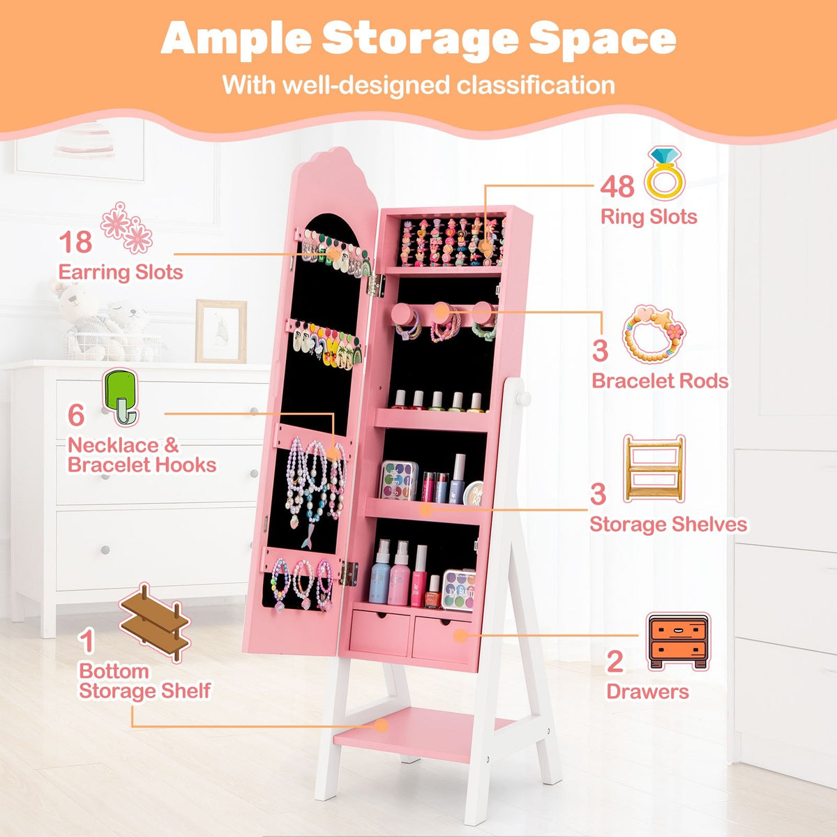 2 Pieces Kids Vanity Set and Jewelry Armoire Cabinet with Full-length Mirror-Pink view 6