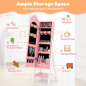 2 Pieces Kids Vanity Set and Jewelry Armoire Cabinet with Full-length Mirror-Pink view 6