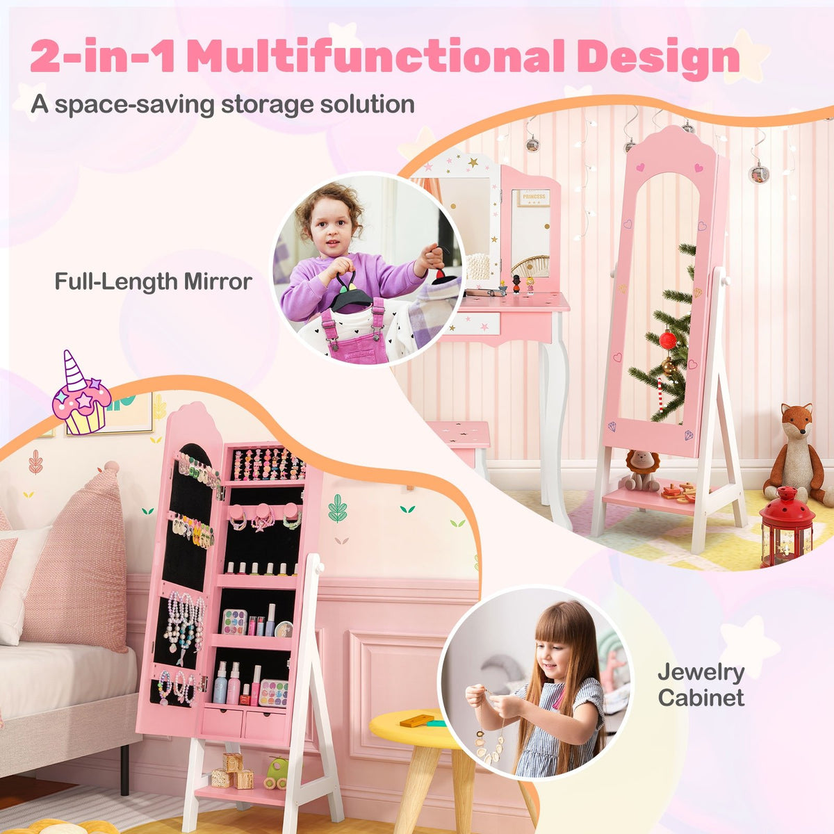 2 Pieces Kids Vanity Set and Jewelry Armoire Cabinet with Full-length Mirror-Pink view 7