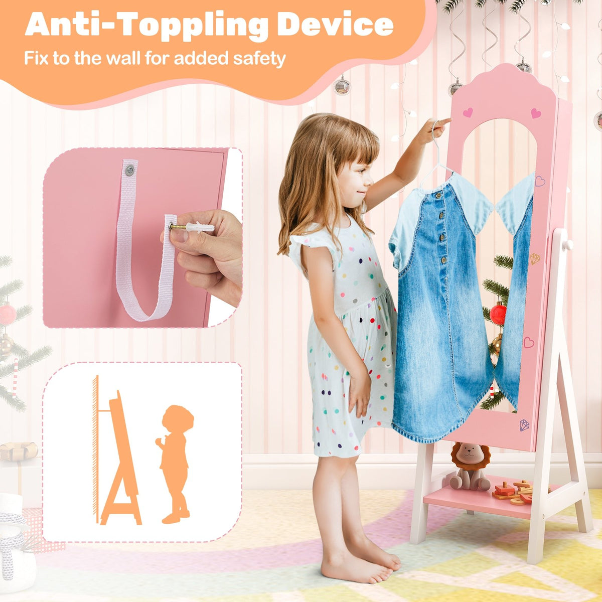 2 Pieces Kids Vanity Set and Jewelry Armoire Cabinet with Full-length Mirror-Pink view 8
