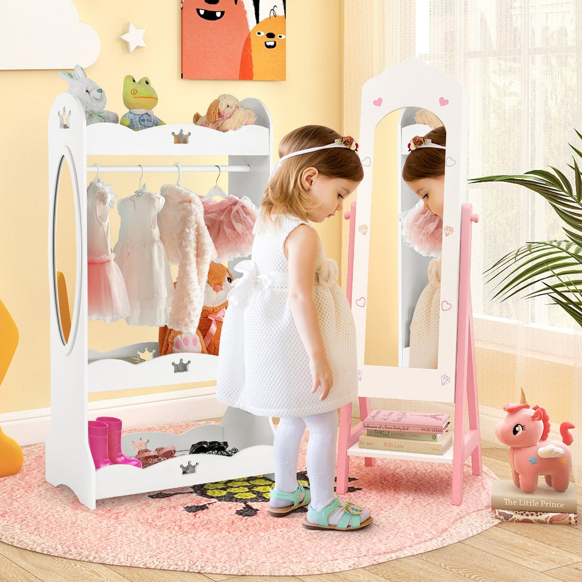 2 Pieces Kids Vanity Set and Jewelry Armoire Cabinet with Full-length Mirror-White view 3