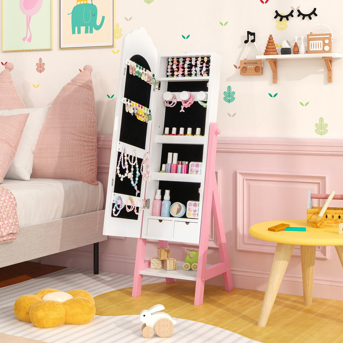 2 Pieces Kids Vanity Set and Jewelry Armoire Cabinet with Full-length Mirror-White view 5