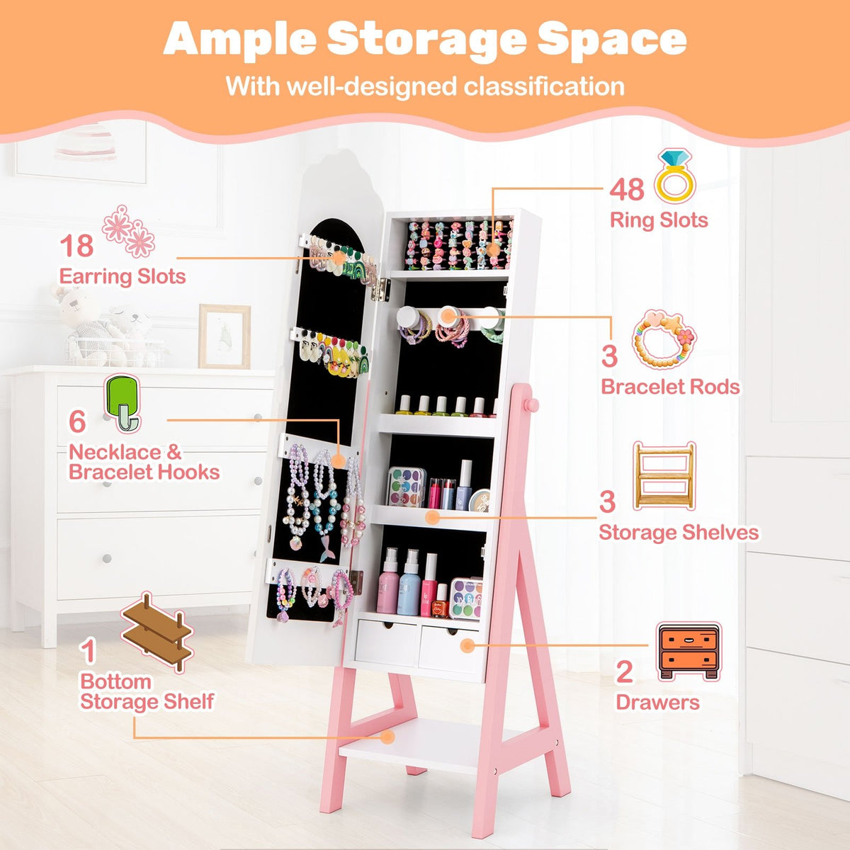2 Pieces Kids Vanity Set and Jewelry Armoire Cabinet with Full-length Mirror-White view 6