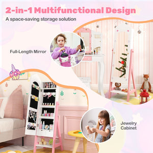 2 Pieces Kids Vanity Set and Jewelry Armoire Cabinet with Full-length Mirror-White view 7