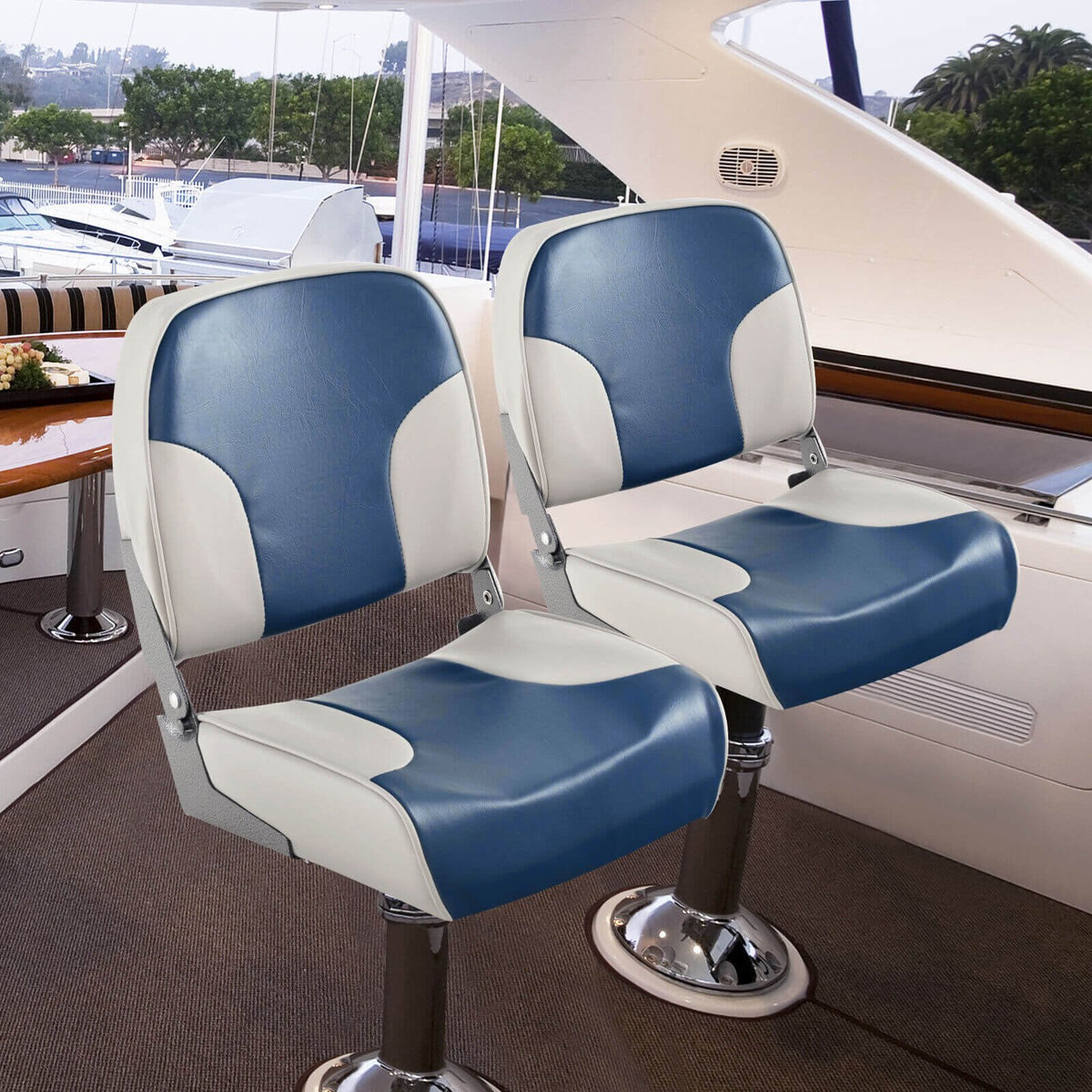 2 Pieces Low Back Boat Seat Set with Sponge Padding and Aluminum Hinges-Blue view 2