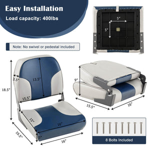 2 Pieces Low Back Boat Seat Set with Sponge Padding and Aluminum Hinges-Blue view 5