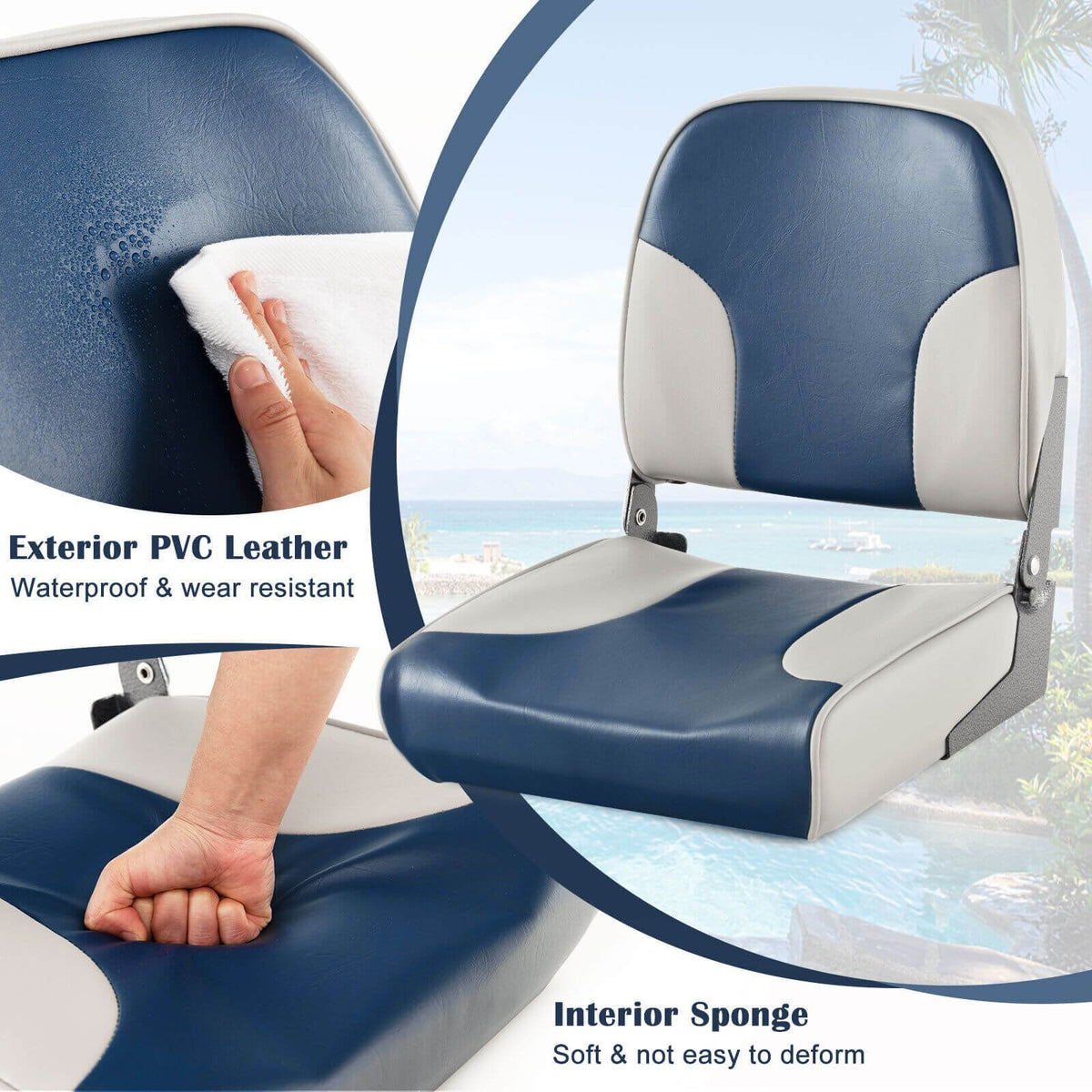 2 Pieces Low Back Boat Seat Set with Sponge Padding and Aluminum Hinges-Blue view 7