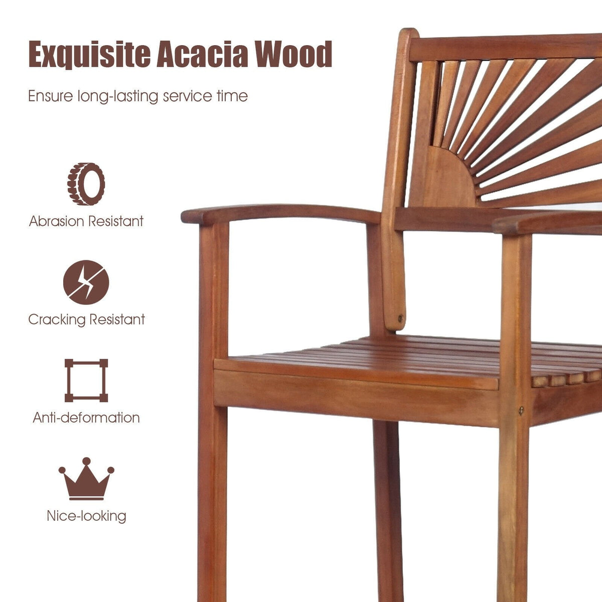 2 Pieces Outdoor Acacia Wood Bar Chairs with Sunflower Backrest and Armrests view 5
