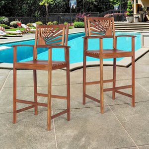 2 Pieces Outdoor Acacia Wood Bar Chairs with Sunflower Backrest and Armrests view 6