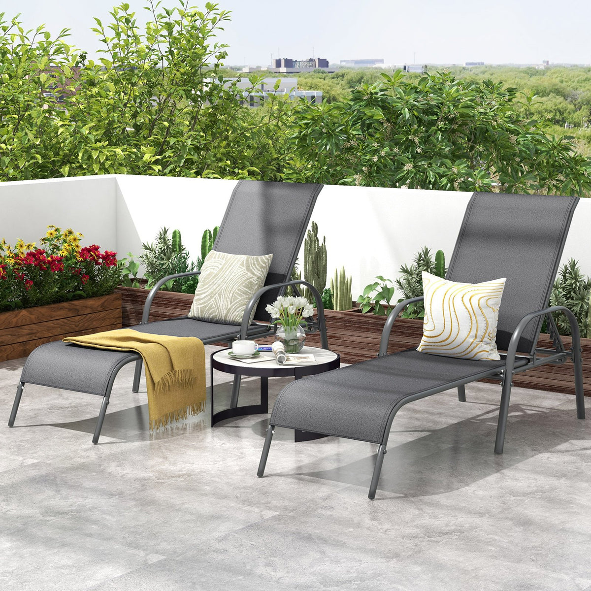 2 Pieces Outdoor Patio Lounge Chair Chaise Fabric with Adjustable Reclining Armrest-Dark Gray view 3