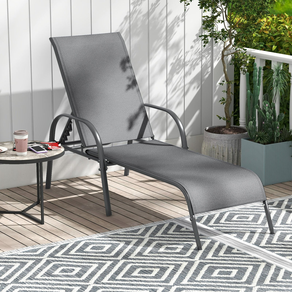 2 Pieces Outdoor Patio Lounge Chair Chaise Fabric with Adjustable Reclining Armrest-Dark Gray view 5