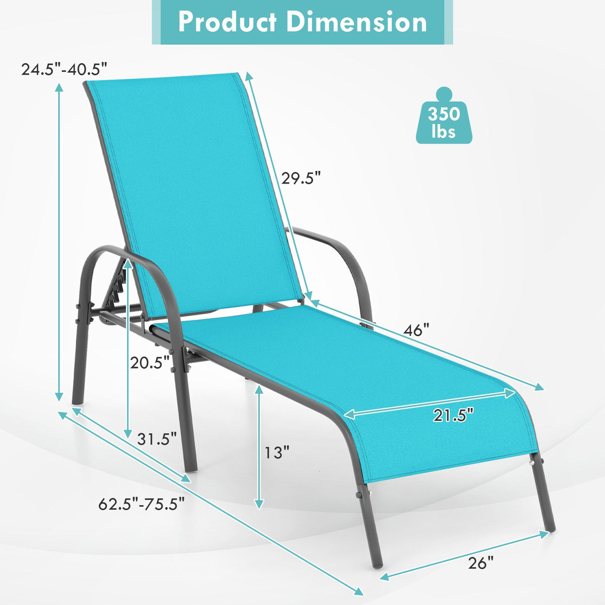 2 Pieces Outdoor Patio Lounge Chair Chaise Fabric with Adjustable Reclining Armrest-Turquoise view 4