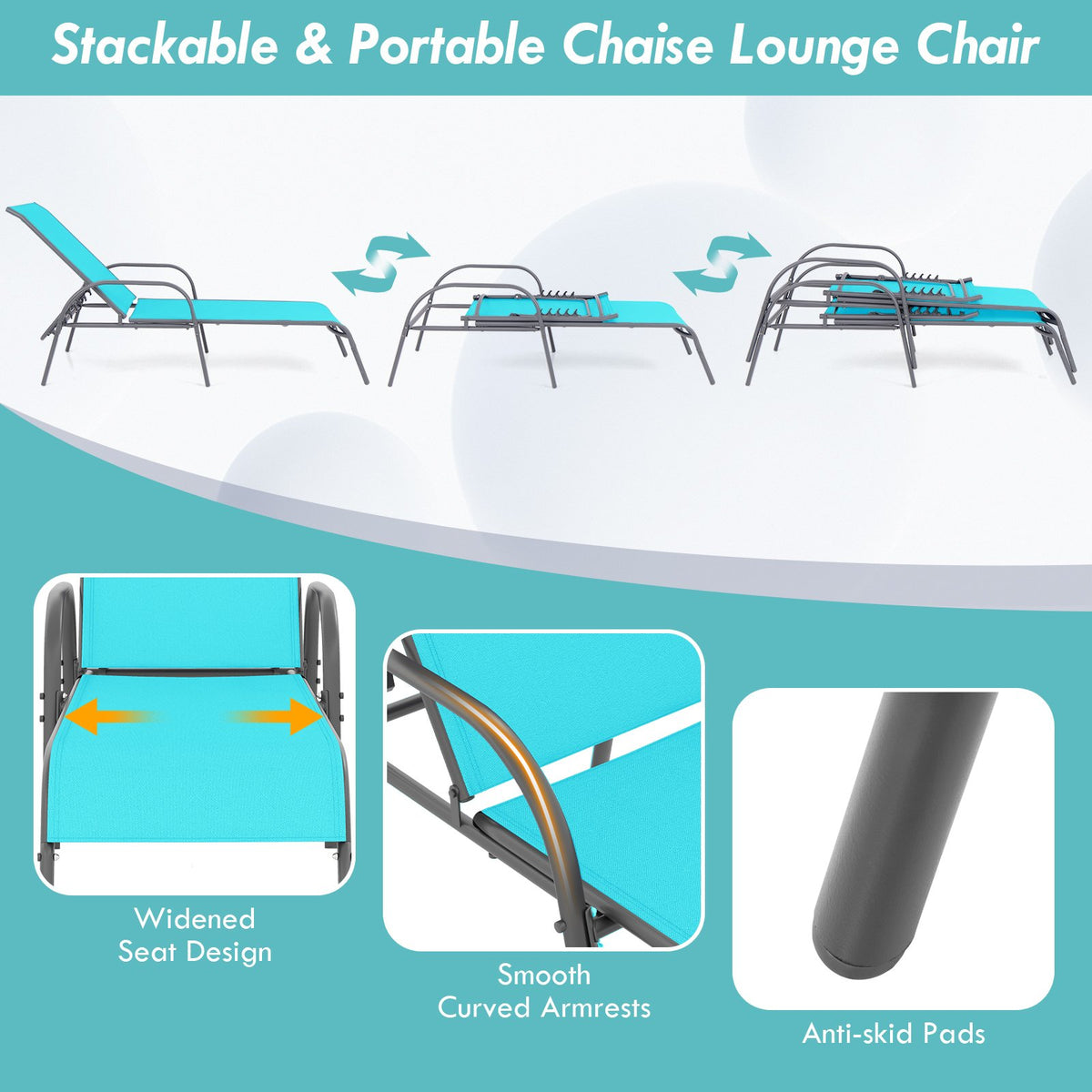 2 Pieces Outdoor Patio Lounge Chair Chaise Fabric with Adjustable Reclining Armrest-Turquoise view 5