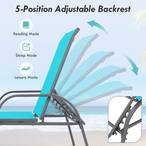 2 Pieces Outdoor Patio Lounge Chair Chaise Fabric with Adjustable Reclining Armrest-Turquoise view 6