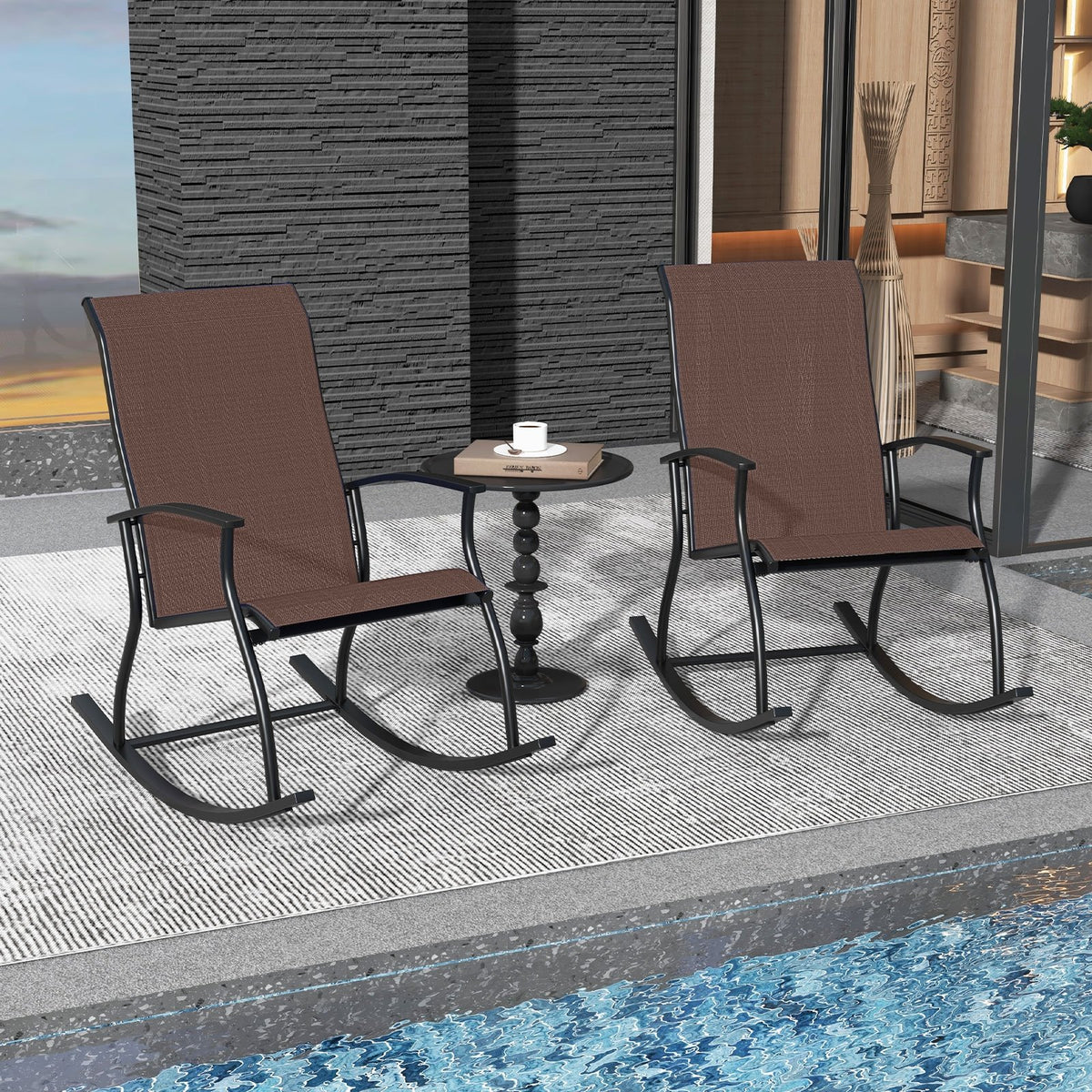 2 Pieces Outdoor Rocking Chairs with Breathable Backrest-Brown view 5