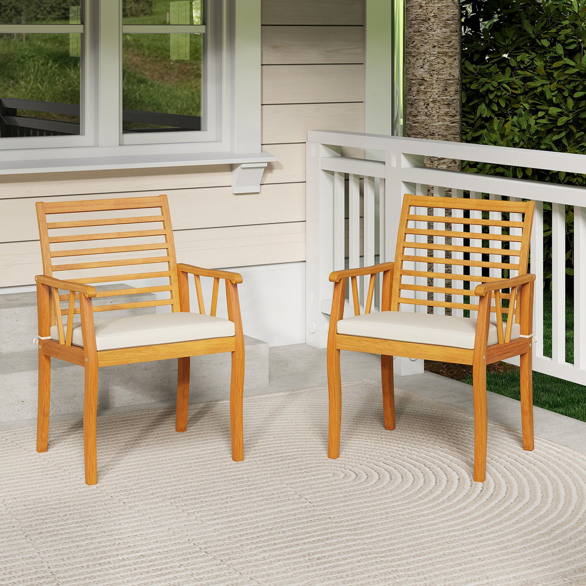 2 Pieces Patio Dining Chairs Outdoor Acacia Wood Armchairs Bistro Conversation Furniture-White view 2