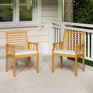 2 Pieces Patio Dining Chairs Outdoor Acacia Wood Armchairs Bistro Conversation Furniture-White view 2