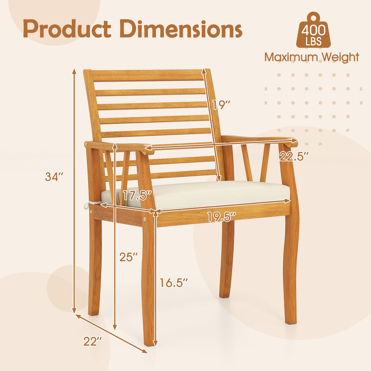 2 Pieces Patio Dining Chairs Outdoor Acacia Wood Armchairs Bistro Conversation Furniture-White view 4