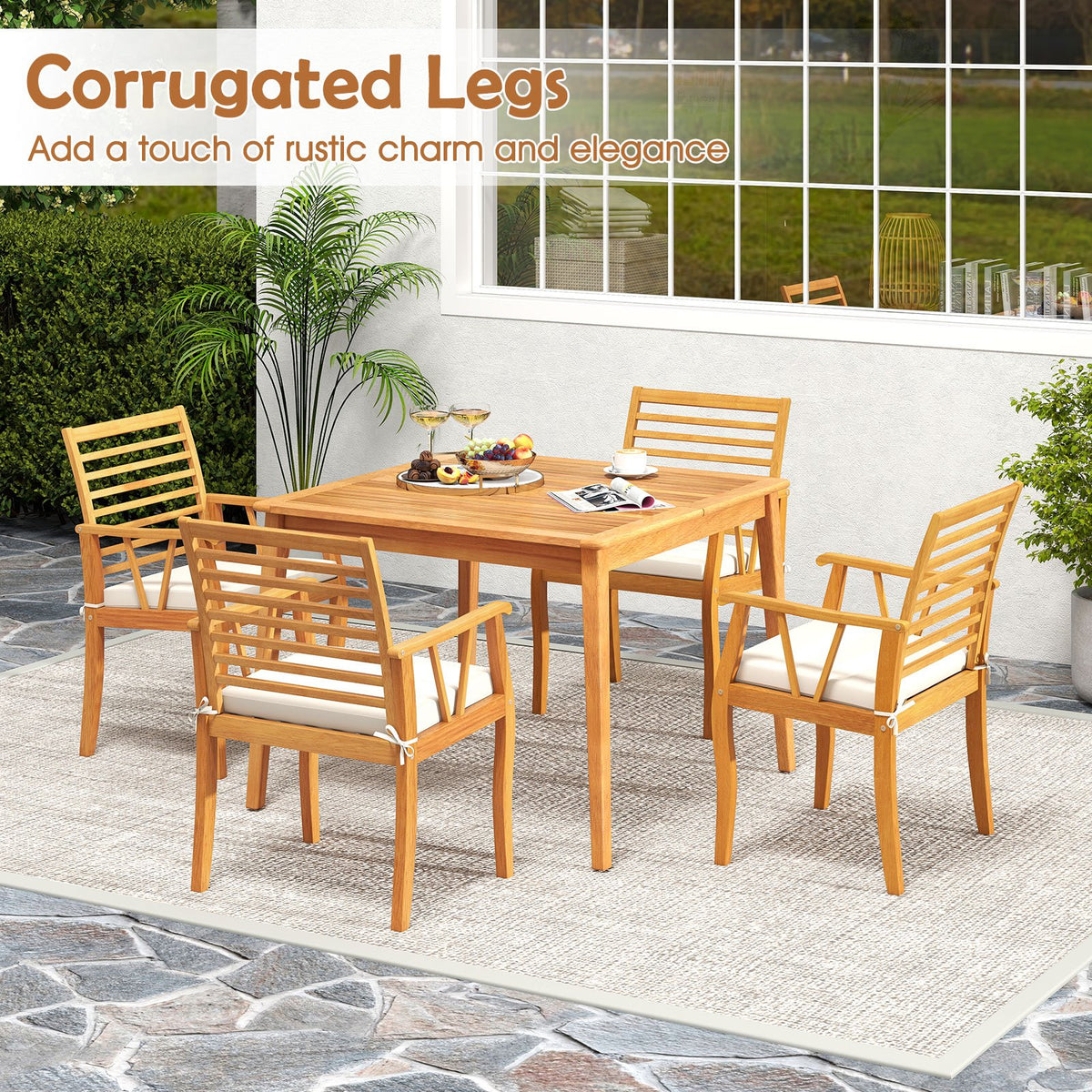 2 Pieces Patio Dining Chairs Outdoor Acacia Wood Armchairs Bistro Conversation Furniture-White view 9
