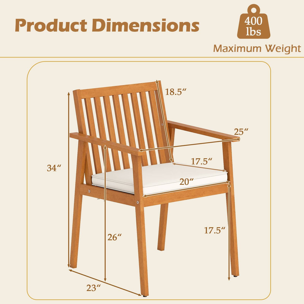 2 Pieces Patio Dining Chairs Outdoor Acacia Wood Chairs with Removable Padded Cushion-Natural view 4