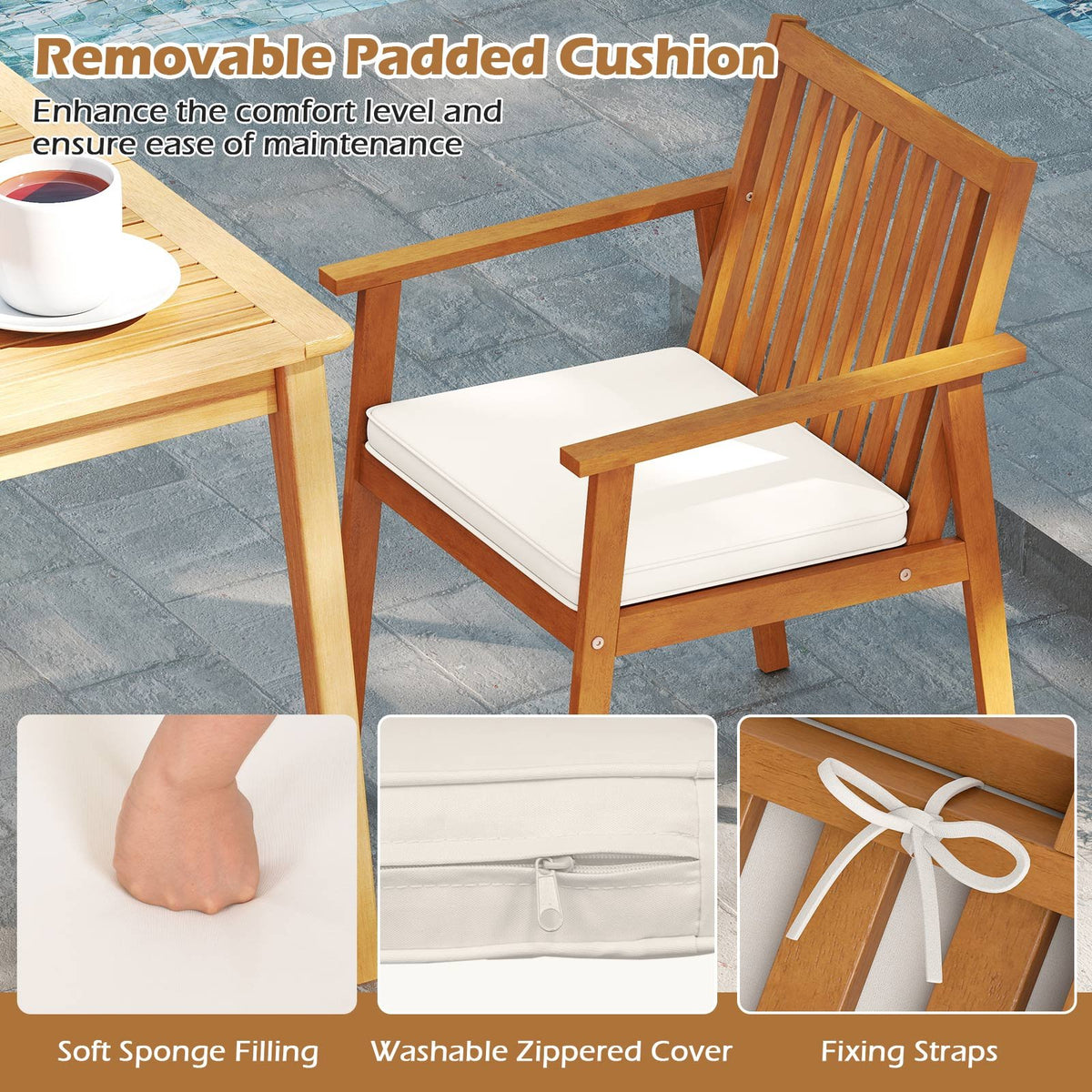 2 Pieces Patio Dining Chairs Outdoor Acacia Wood Chairs with Removable Padded Cushion-Natural view 6