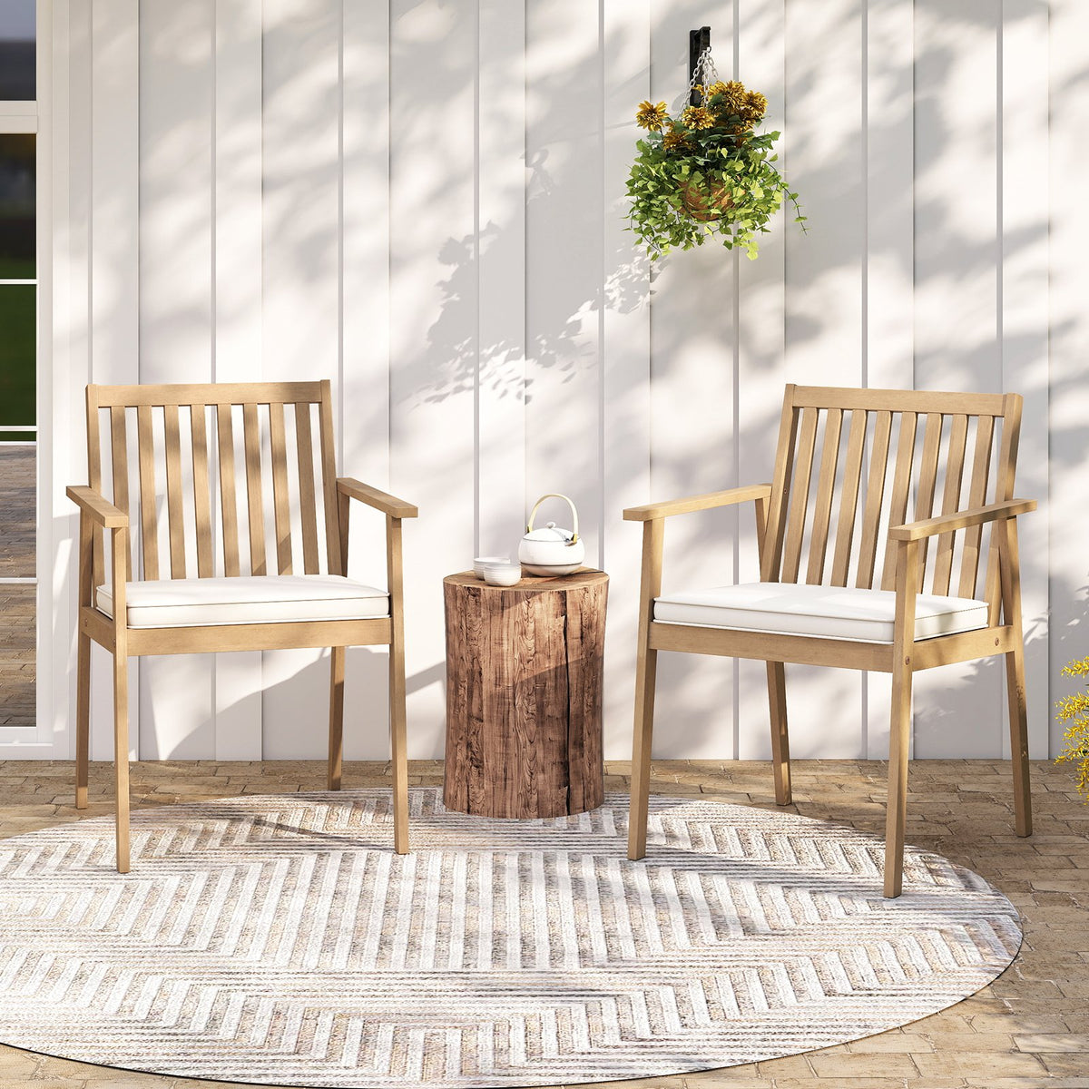 2 Pieces Patio Dining Chairs Outdoor Acacia Wood Chairs with Removable Padded Cushion-Oak view 2