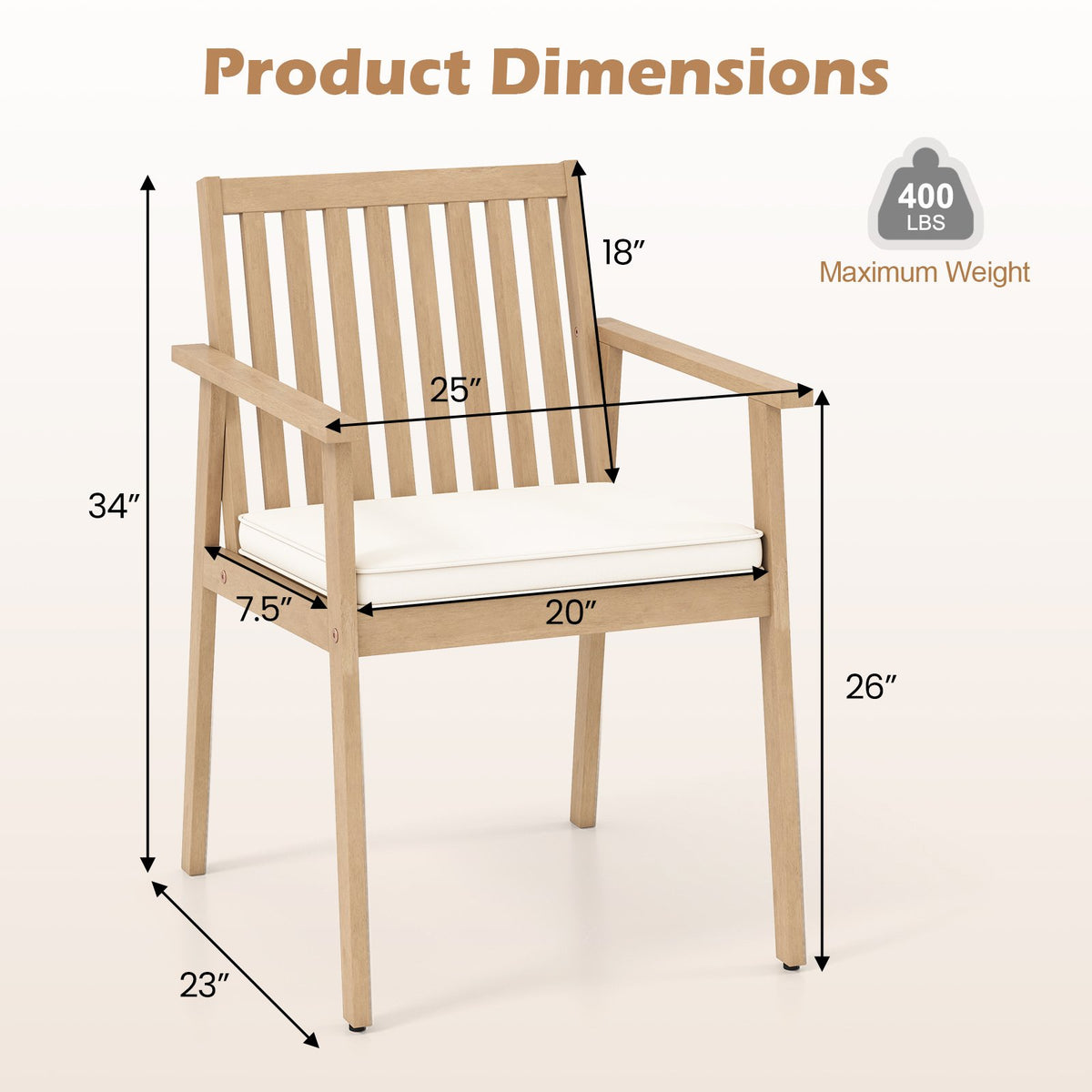 2 Pieces Patio Dining Chairs Outdoor Acacia Wood Chairs with Removable Padded Cushion-Oak view 5