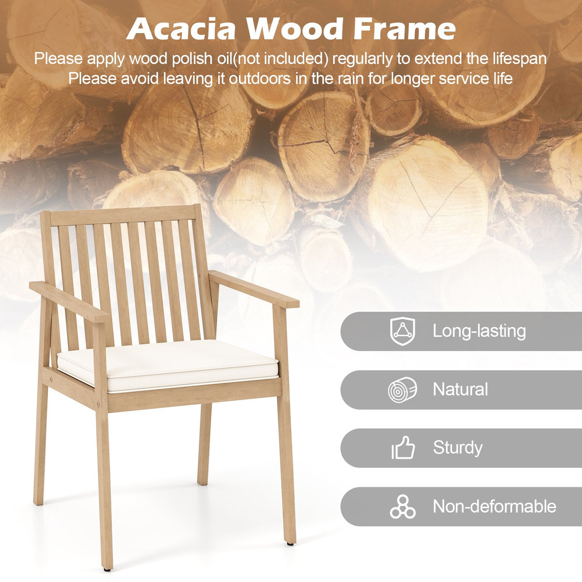 2 Pieces Patio Dining Chairs Outdoor Acacia Wood Chairs with Removable Padded Cushion-Oak view 8