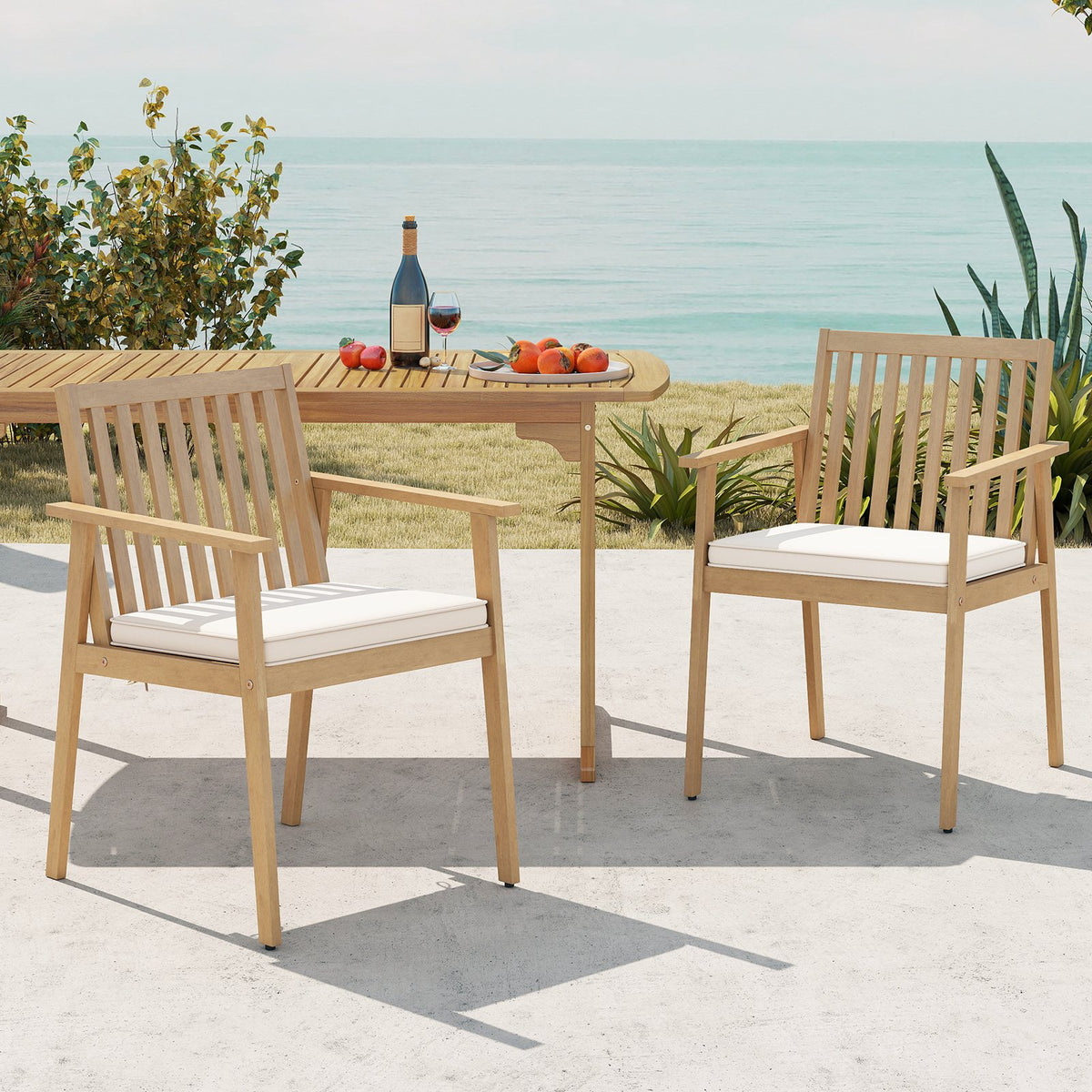2 Pieces Patio Dining Chairs Outdoor Acacia Wood Chairs with Removable Padded Cushion-Oak view 9