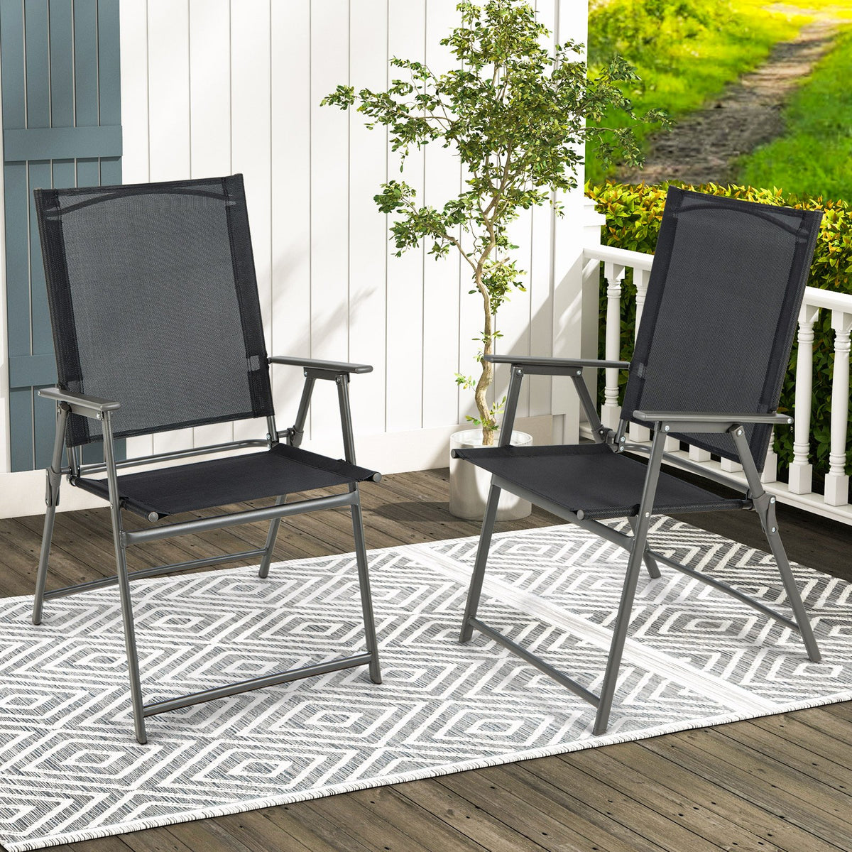 2 Pieces Patio Folding Chairs with Armrests for Deck Garden Yard-Black & Gray view 2