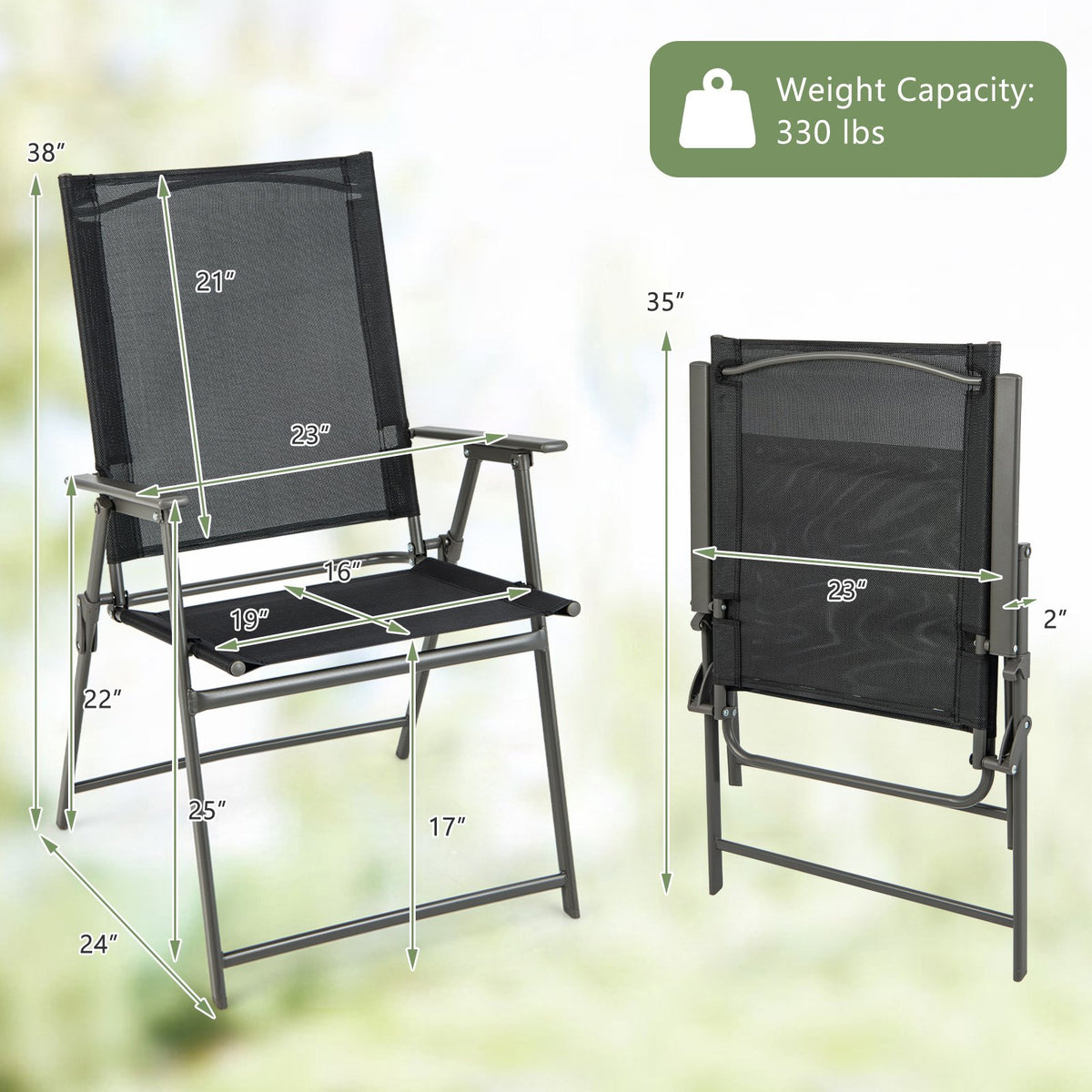 2 Pieces Patio Folding Chairs with Armrests for Deck Garden Yard-Black & Gray view 4