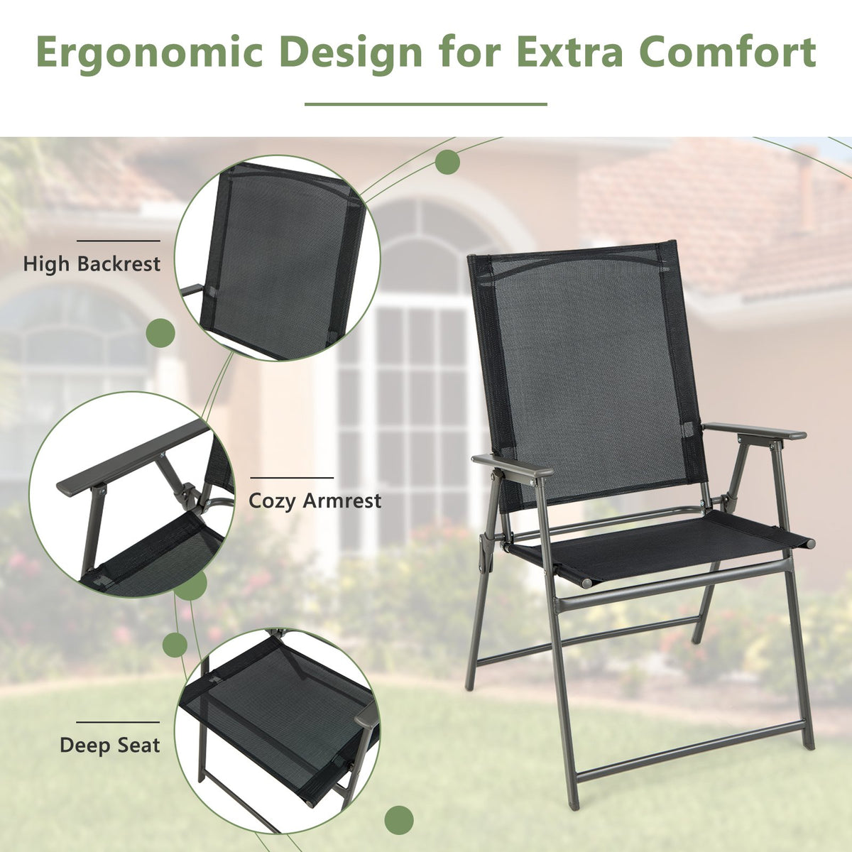 2 Pieces Patio Folding Chairs with Armrests for Deck Garden Yard-Black & Gray view 5