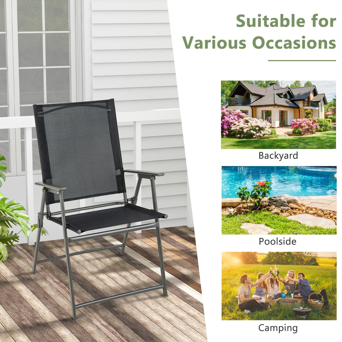 2 Pieces Patio Folding Chairs with Armrests for Deck Garden Yard-Black & Gray view 7