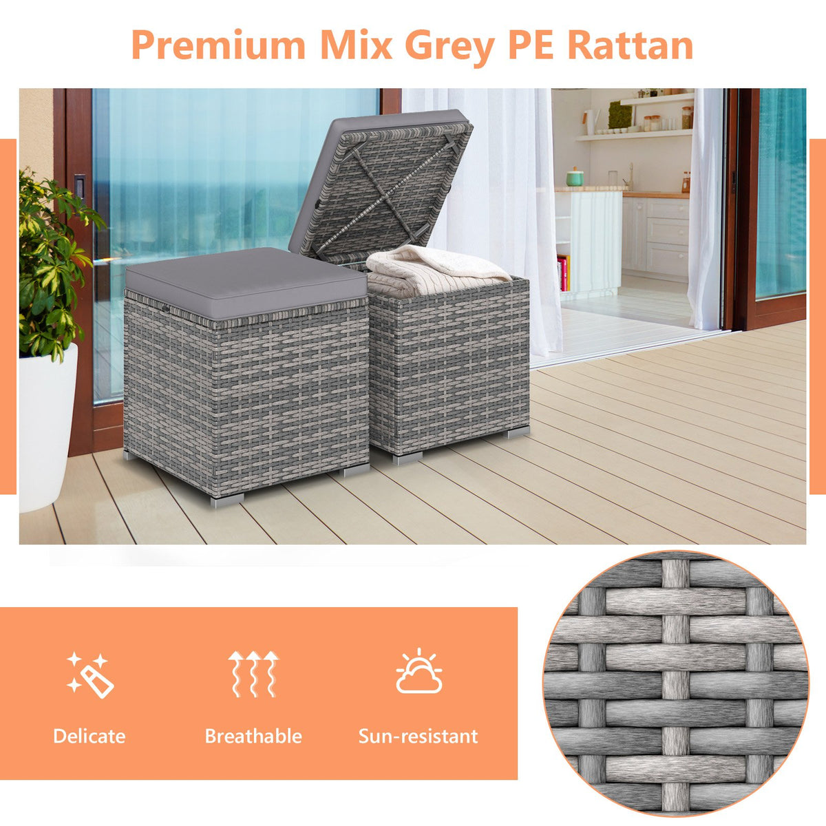 2 Pieces Patio Ottoman with Hidden Storage Space-Mix Grey-grey view 9