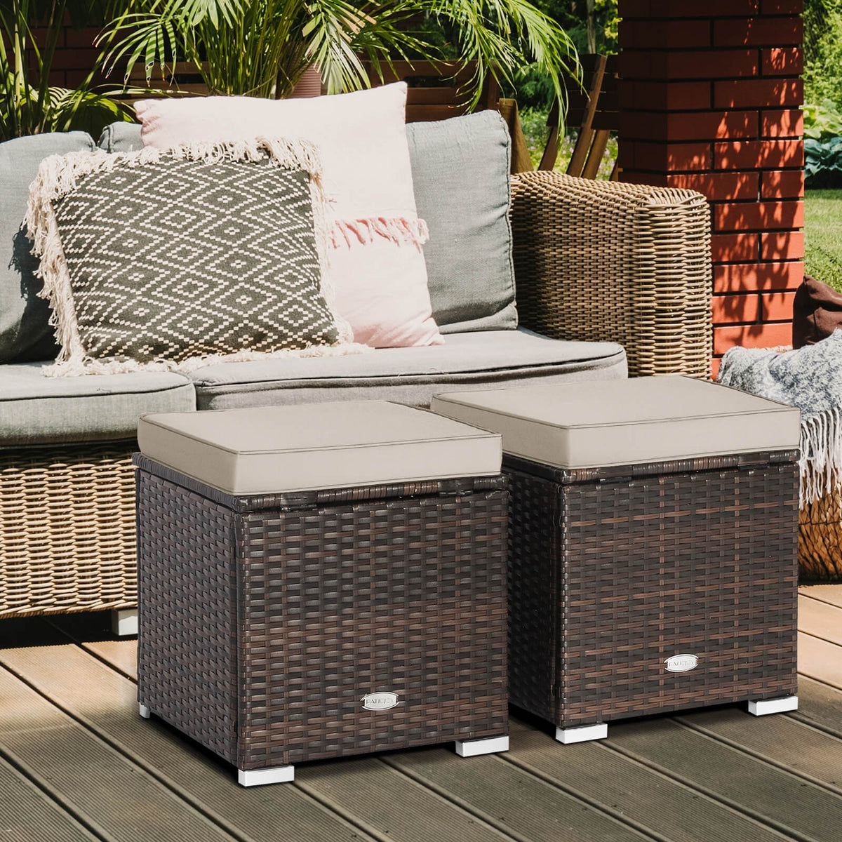 2 Pieces Patio Ottoman with Removable Cushions-Brown view 2