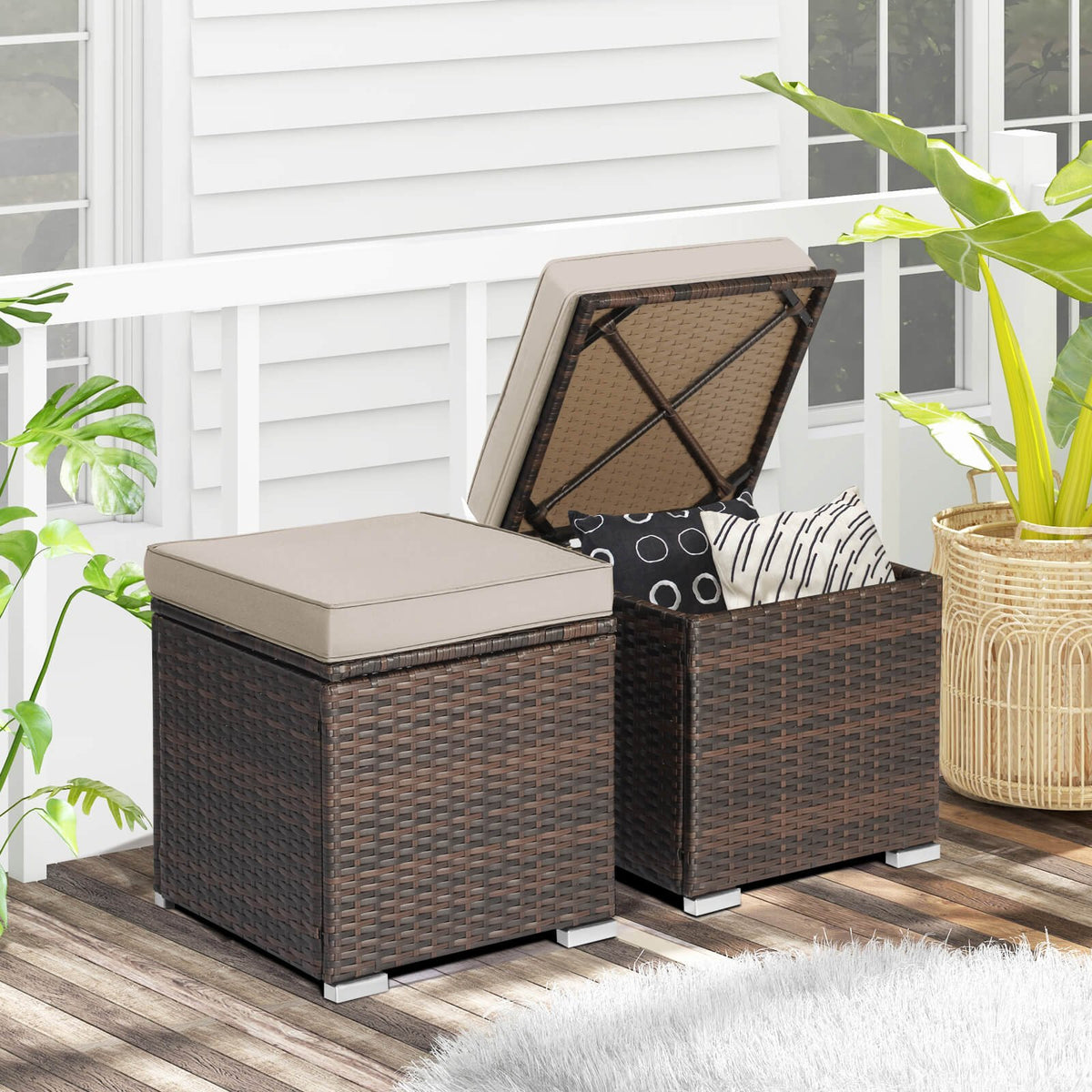 2 Pieces Patio Ottoman with Removable Cushions-Brown view 3