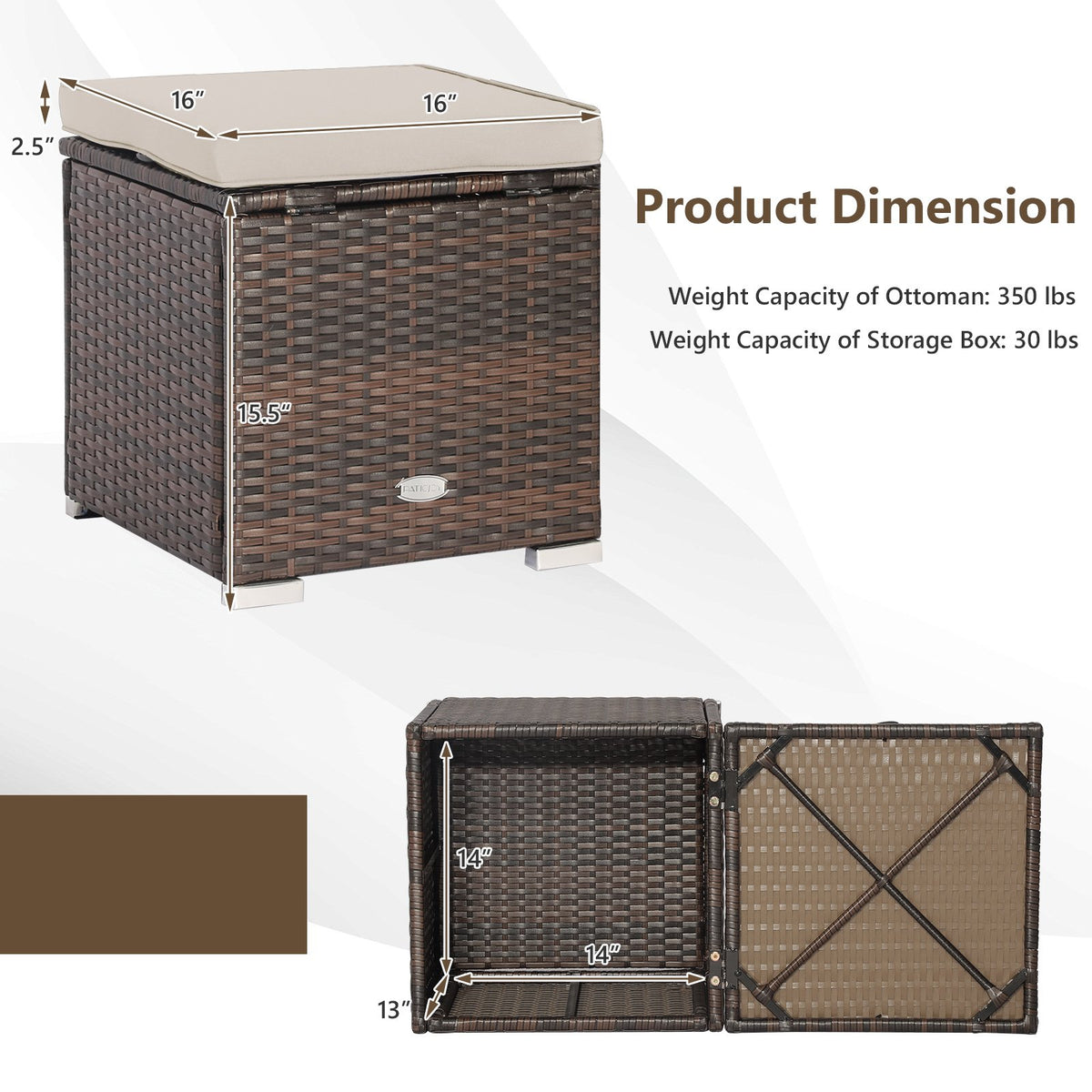 2 Pieces Patio Ottoman with Removable Cushions-Brown view 5