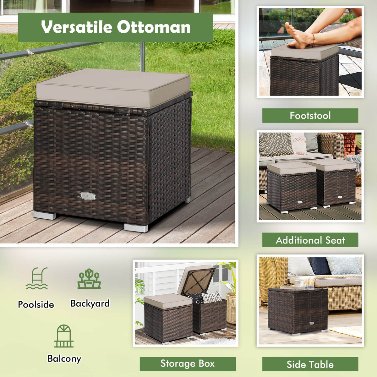 2 Pieces Patio Ottoman with Removable Cushions-Brown view 6