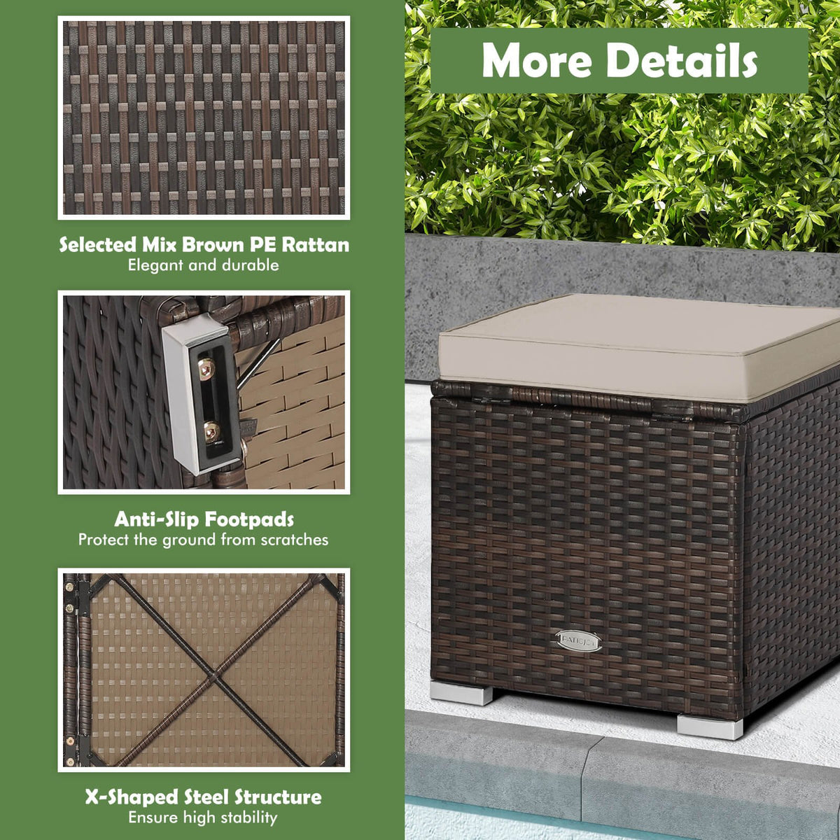 2 Pieces Patio Ottoman with Removable Cushions-Brown view 7