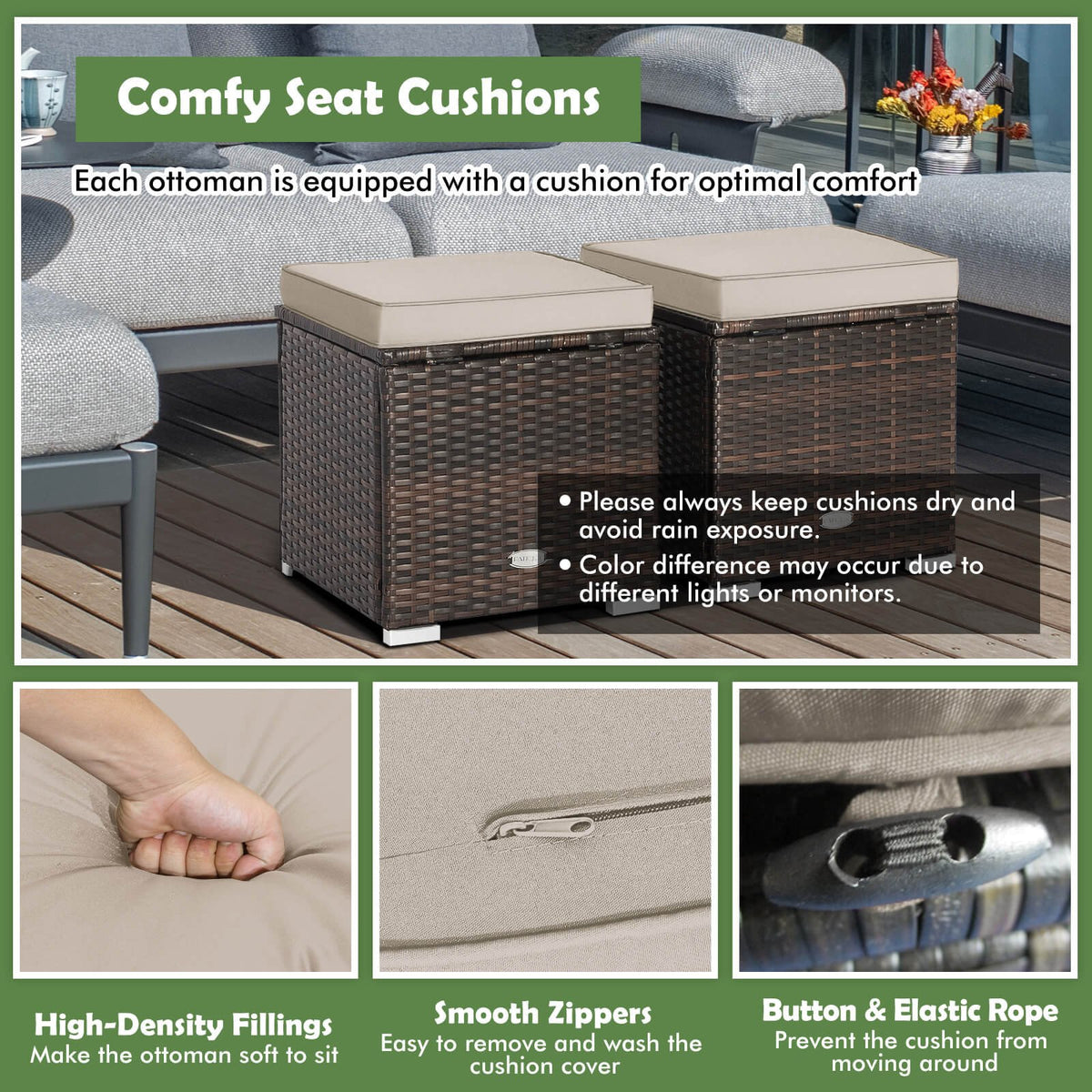 2 Pieces Patio Ottoman with Removable Cushions-Brown view 8