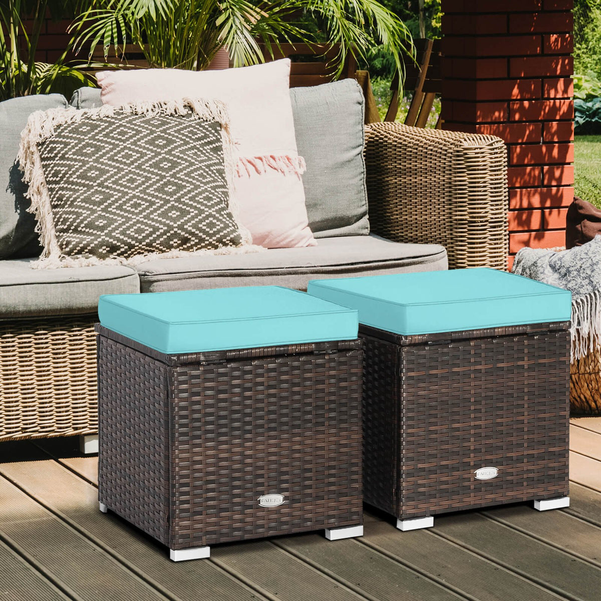 2 Pieces Patio Ottoman with Removable Cushions-Turquoise view 2